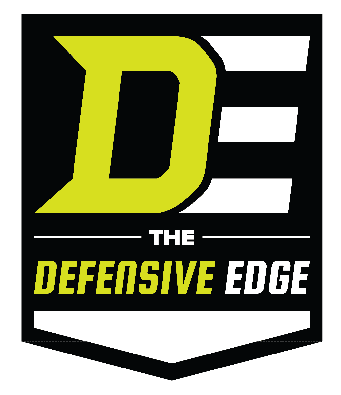 Logo for The Defensive Edge with bold yellow and white text on black.