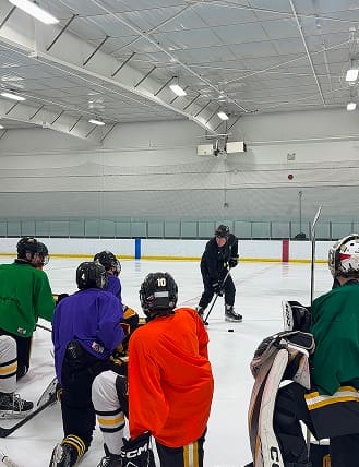 Coach instructing young hockey players on the ice rink.
