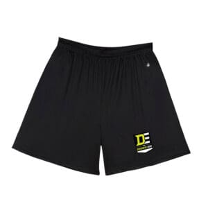 Black athletic shorts with yellow DE logo