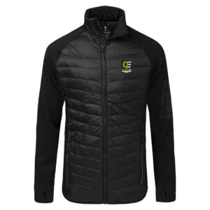 Black quilted zip-up jacket with logo