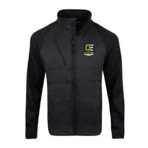 Black zip-up jacket with embroidered chest logo