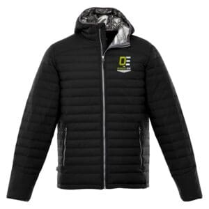 Black puffer hooded jacket with chest logo