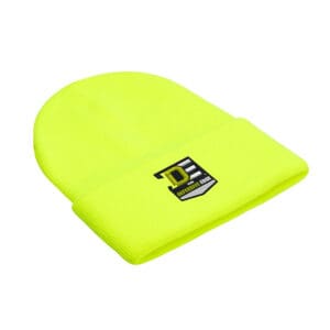 High-visibility neon yellow knit beanie with logo
