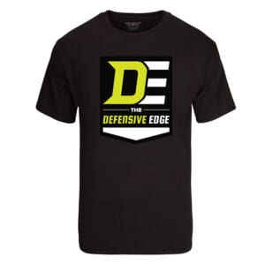 Black t-shirt with DE Defensive Edge logo