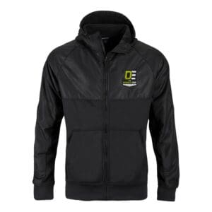 Black zip-up hooded jacket with logo